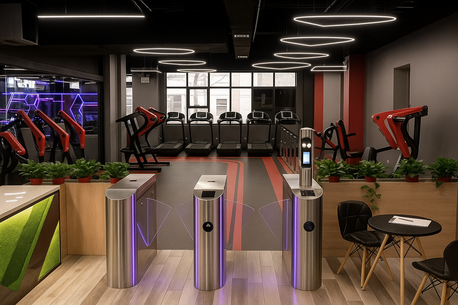 Recepción de gimnasio con torniquete de reconocimiento facial
